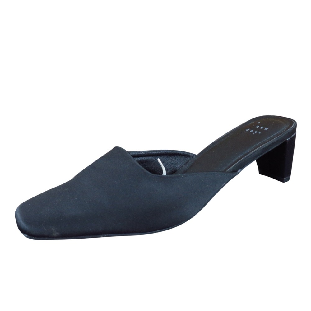 A New Day Square Toe Women Mule‎ Size 8 Dress Casual Black Satin Block Heel